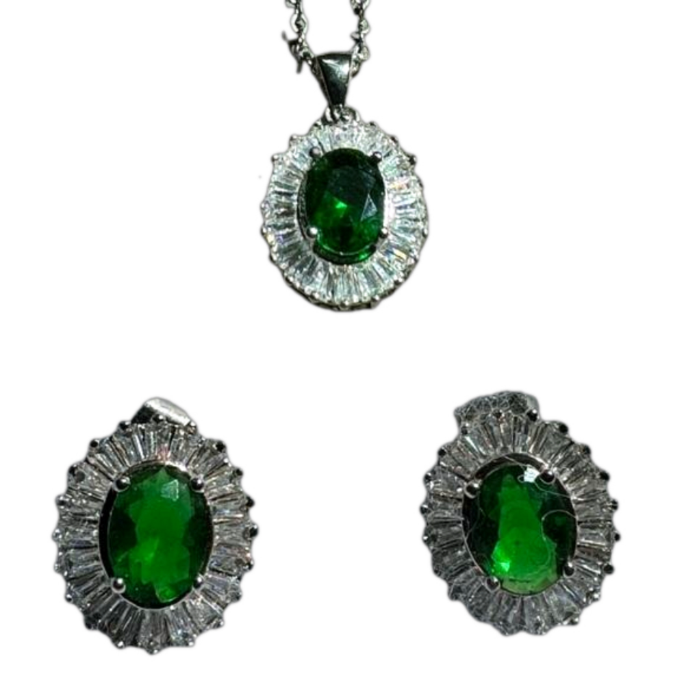 NWOT Stainless steel necklace (18”)and earrings with faux emerald & diamond.